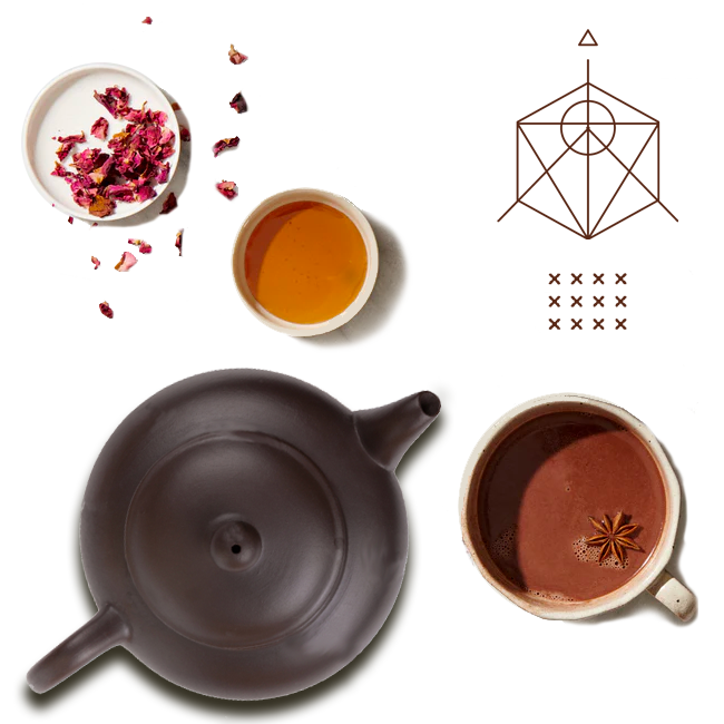 Ceremony elements including cacao, tea, rose petals, and sacred geometry symbols representing Nick Lasky’s guided meditation, shamanic journeying, and cacao ceremonies.
