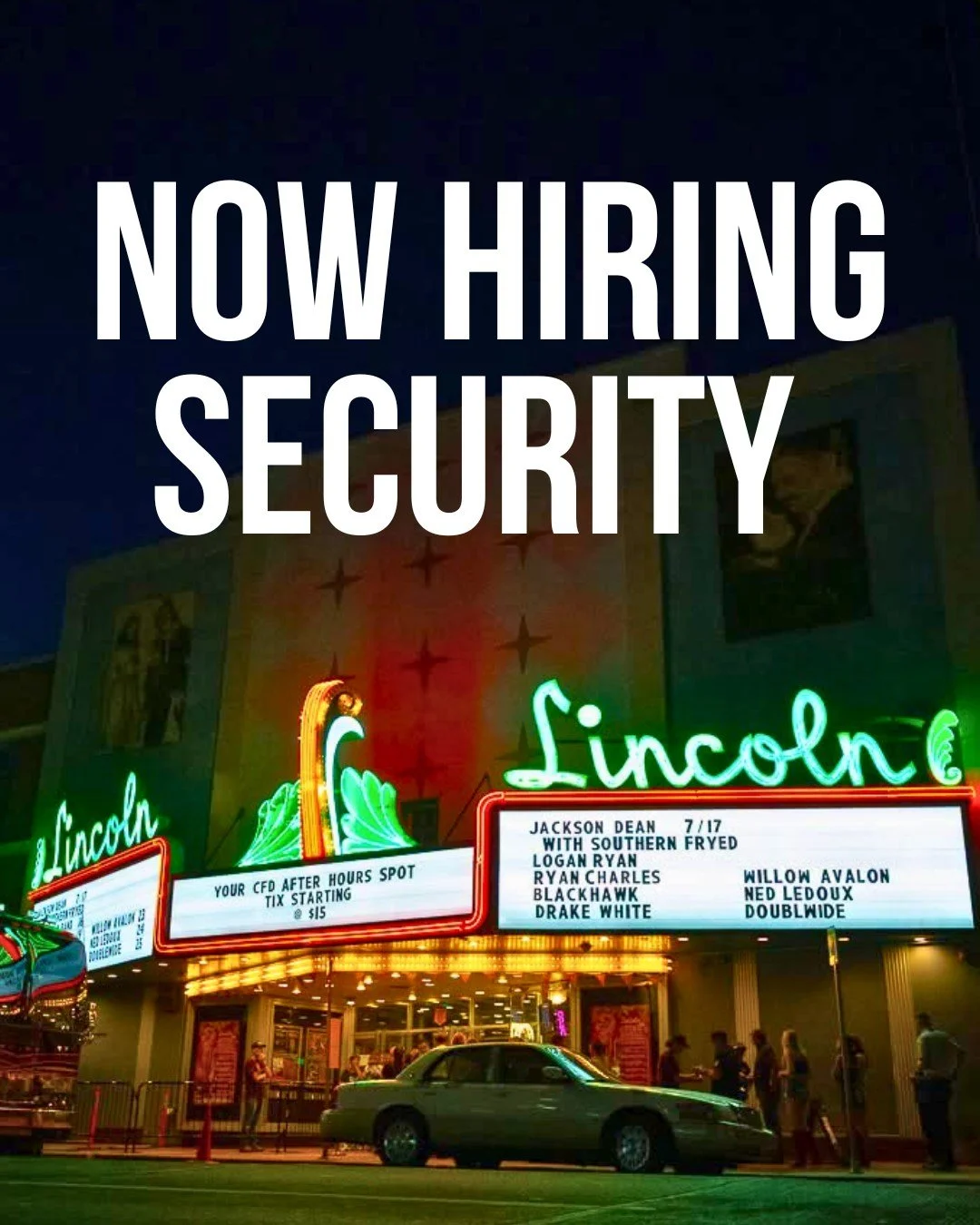 🚨 NOW HIRING ‼️

Do you have previous security experience and level-head? We need you! Help us create a safe space at The Lincoln.

Apply today: https://www.thelincolncheyenne.com/jobs