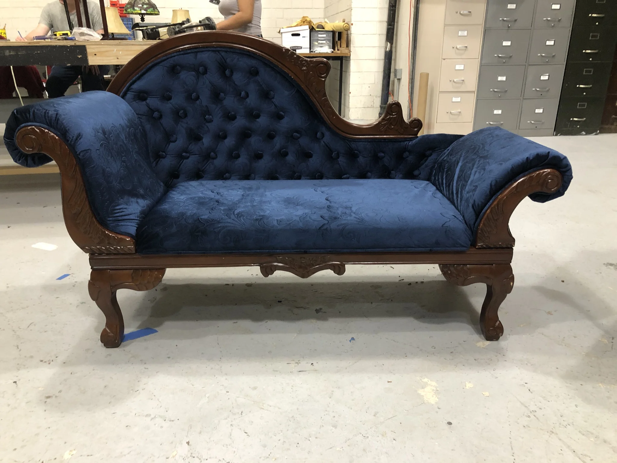  The blue chaise’s frame was cracked during rehearsal and had to b reinforced. 