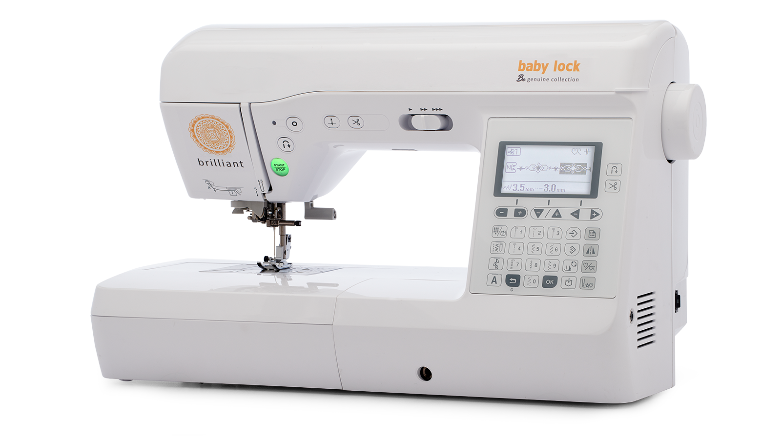  The Baby Lock Brilliant sewing machine's top features include:  190 built-in stitches including 10 one-step buttonholes  Advanced needle threader  LCD screen  Push button features  Knee lift  Quick-set, drop-in bobbin  Programmable stitch functions 