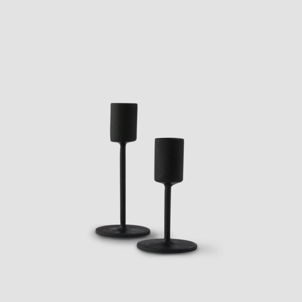 NOIR CANDLESTICK HOLDER | BLACK Black iron. Available in tall and short and comes in pairs Size : (L) H 25 cm (S) H 10 cm IDR 10,000/per pair Qty Available: 57 set