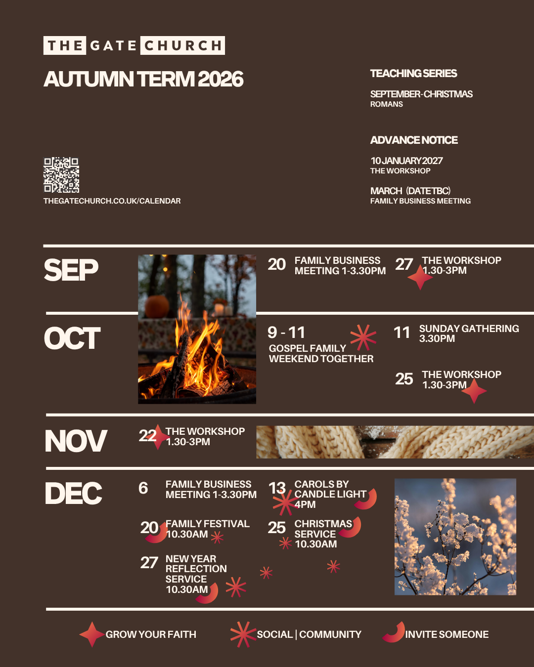 Church calendar for the fall of 2026 with event dates and descriptions. Highlights include family business meetings, workshops, gospel family weekend, Sunday gatherings, Christmas services, and New Year reflection service. Background includes images of a campfire and snow-covered tree branches.