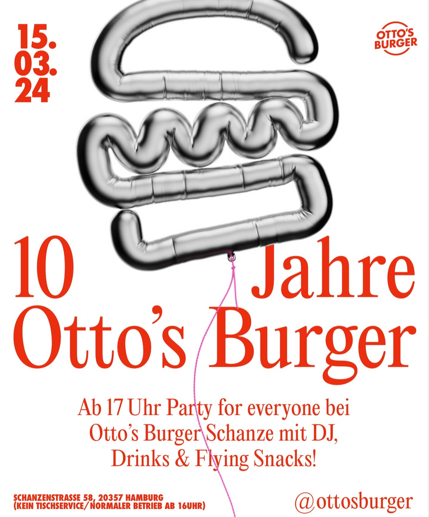 🪩 1 0 J A H R E  O T T O &lsquo; S  B U R G E R 🪩
~ Das wollen wir ordentlich mit euch feiern!! Am 15 / 03 / 2024 wird unser Laden in der Schanze zur Party for everyone! 🤟

DJ&lsquo;s, Drinks &amp; flying Snacks - you shouldn&lsquo;t miss! 🤫

📍O