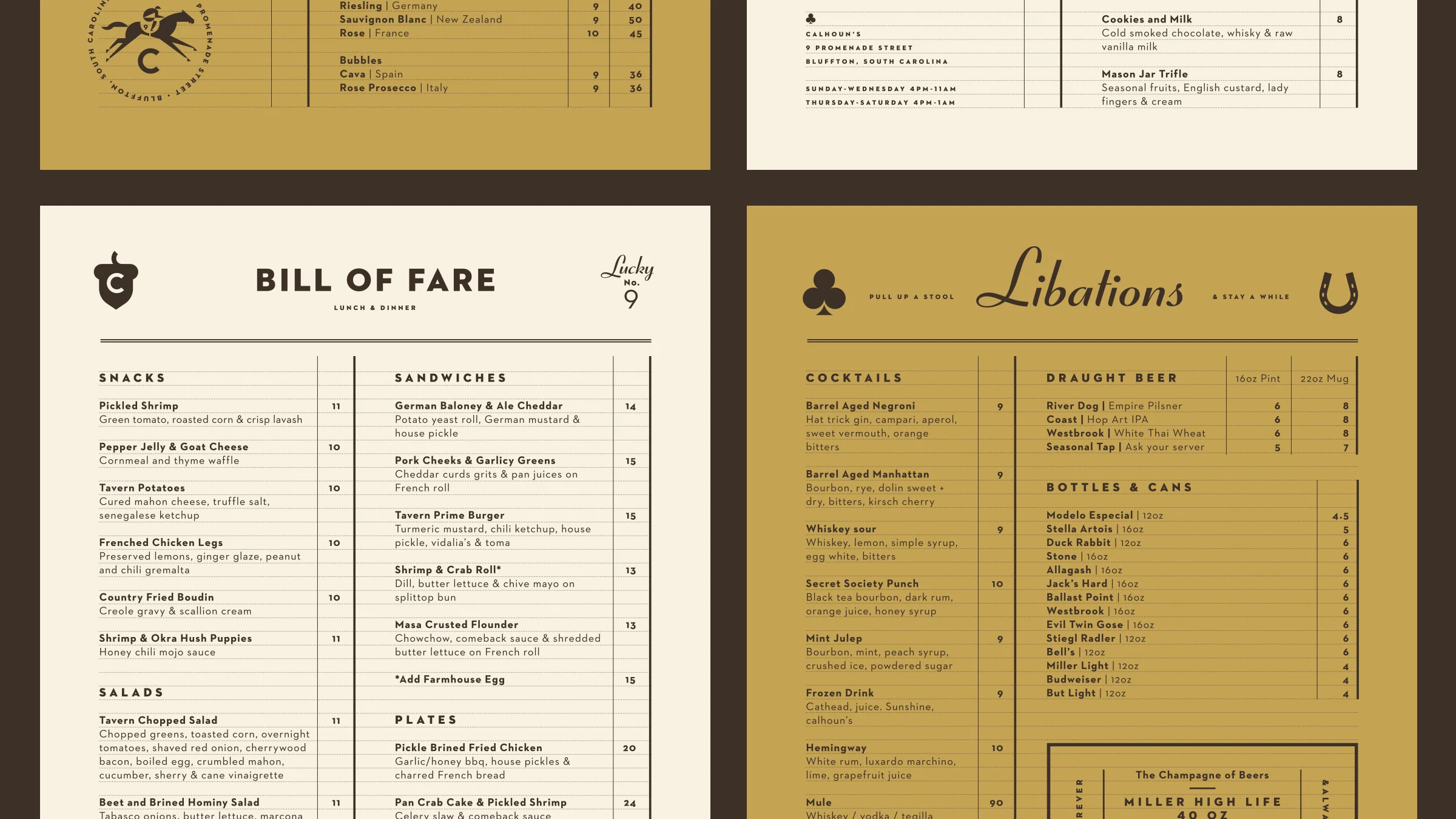 Calhoun’s Bluffton Food, Cocktail and Beer Menus