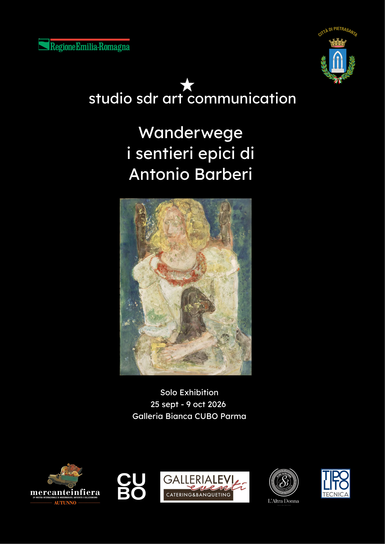 Black promotional poster for a solo art exhibition by Antonio Barberi titled "Wanderwege i sentieri epici" at Galleria Bianca CUBO in Parma, Italy, running from September 25 to October 9, 2026. Includes logos of Emilia-Romagna region, city of Piacenza, event sponsors, and an artwork of a woman with a dog and a horse.