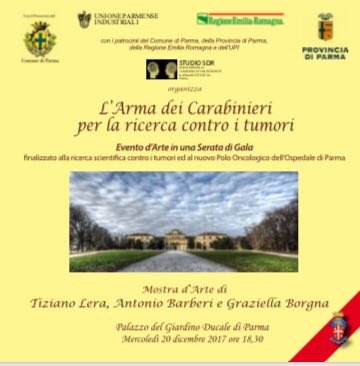Flyer for a charity event titled "L'Arma dei Carabinieri per la ricerca contro i tumori" with a photo of a park and historic building, scheduled for December 20, 2017, at Palazzo del Giardino Ducale di Parma.