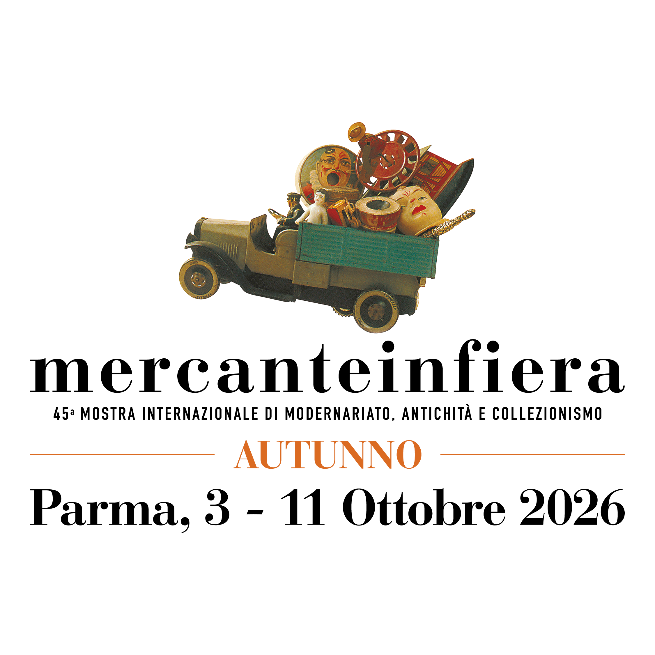 Vintage toy truck filled with vintage masks, a small figurine, and other objects, with the words 'Autunno' and 'Autumn' written below.