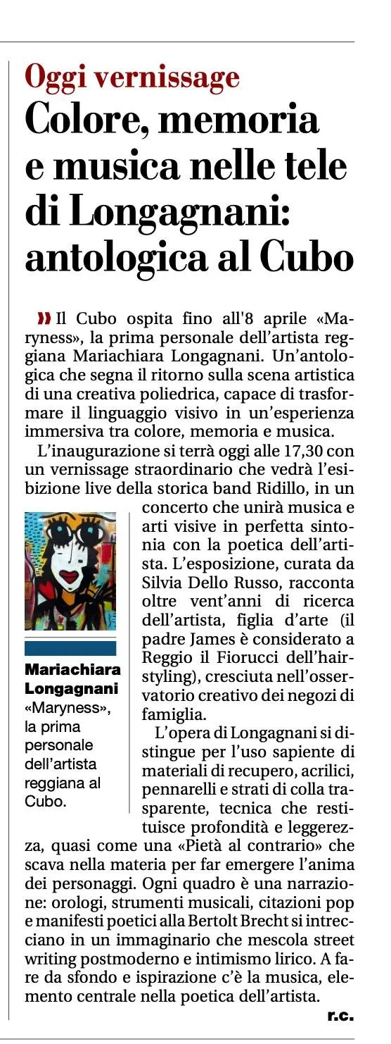 Printed Italian text about an art exhibition featuring artist MariaChiara Longagnani, with a colorful pop art style portrait of her.