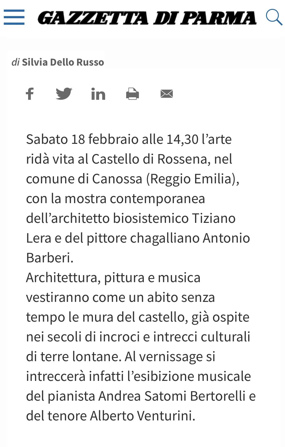 Screenshot of an Italian event announcement from Gazzetta di Parma, mentioning an art exhibition at Castello di Rossena near Canossa on February 18, featuring biosystem architect Tiziano Lera and painter Antonio Barberi, with architecture, painting, and music elements.