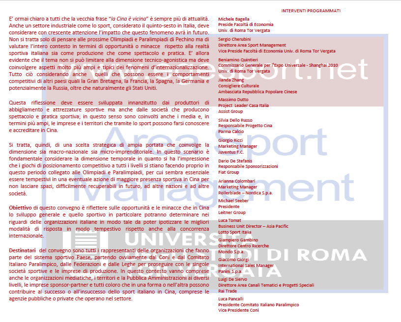Text in Italian discussing the importance of sports and internationalization, mentioning organizations, events, and key figures related to sports development in China and globally.
