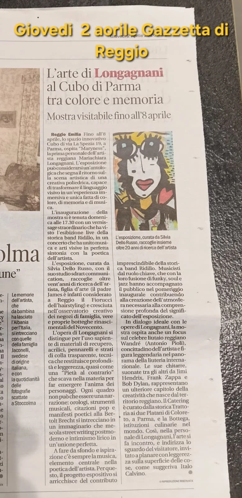 Italian newspaper article about an art exhibition at Cubo di Parma featuring Longagnani's artwork, open until April 8, with a colorful portrait displayed.