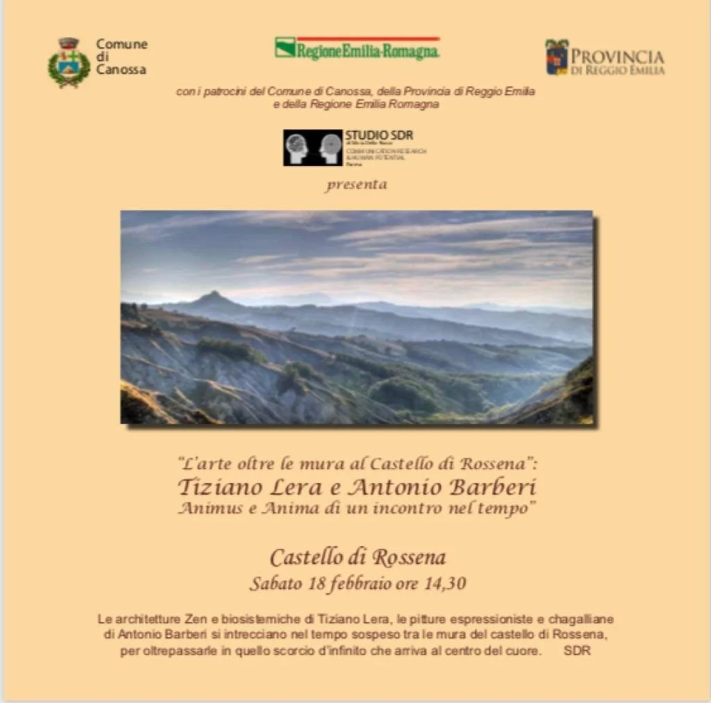 A poster announcing an event at Castello di Rossena with a landscape photo of mountains and hills. The poster includes logos of Comune di Canossa, Regione Emilia-Romagna, and Provincia di Reggio Emilia, and contains Italian text about the event with details about the date and time.