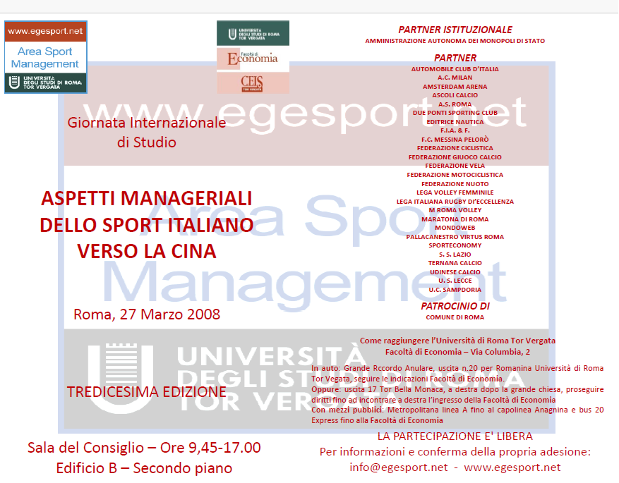 Event poster for the 13th edition of International Study Day at the University of Rome Tor Vergata, Faculty of Economics, on March 27, 2008, focusing on managerial aspects of Italian sports toward China, including location details and transportation options.