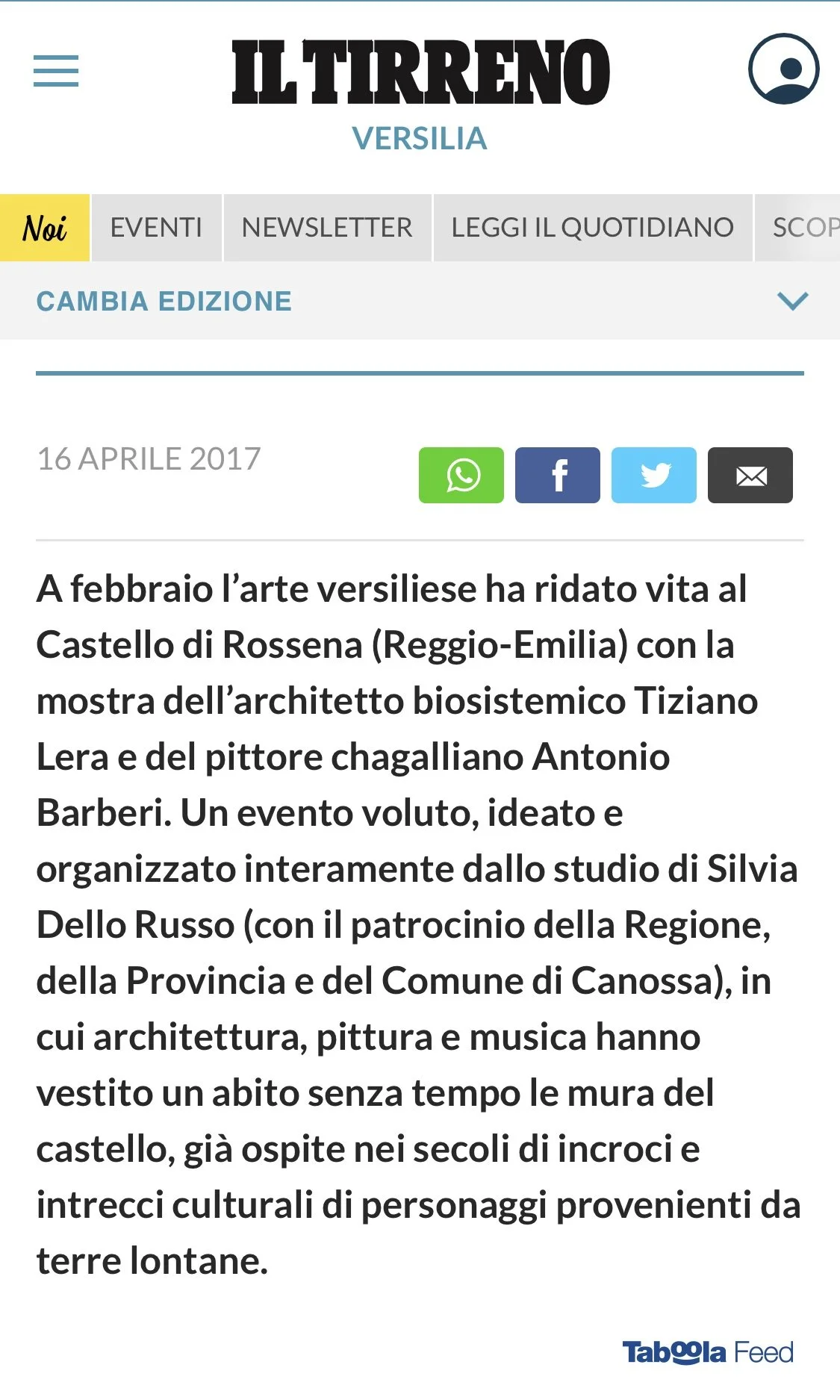 Screenshot of an Italian news article from Il Tirreno, dated April 16, 2017, discussing art and architecture at Rossena Castle in Reggio-Emilia, with social media sharing icons for WhatsApp, Facebook, Twitter, and email.