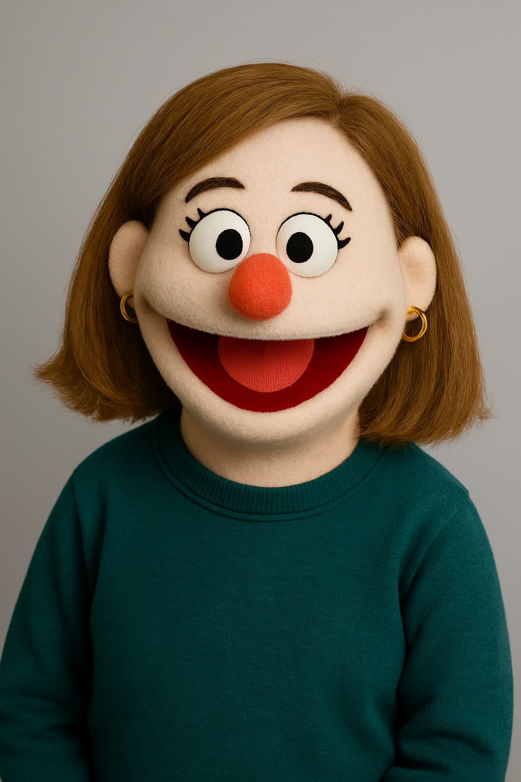 A puppet with brown hair, red nose, and a green sweater.