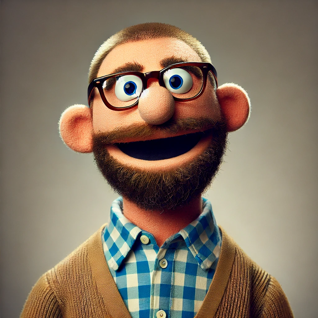 Muppet character with a beard, glasses, and blue checkered shirt.