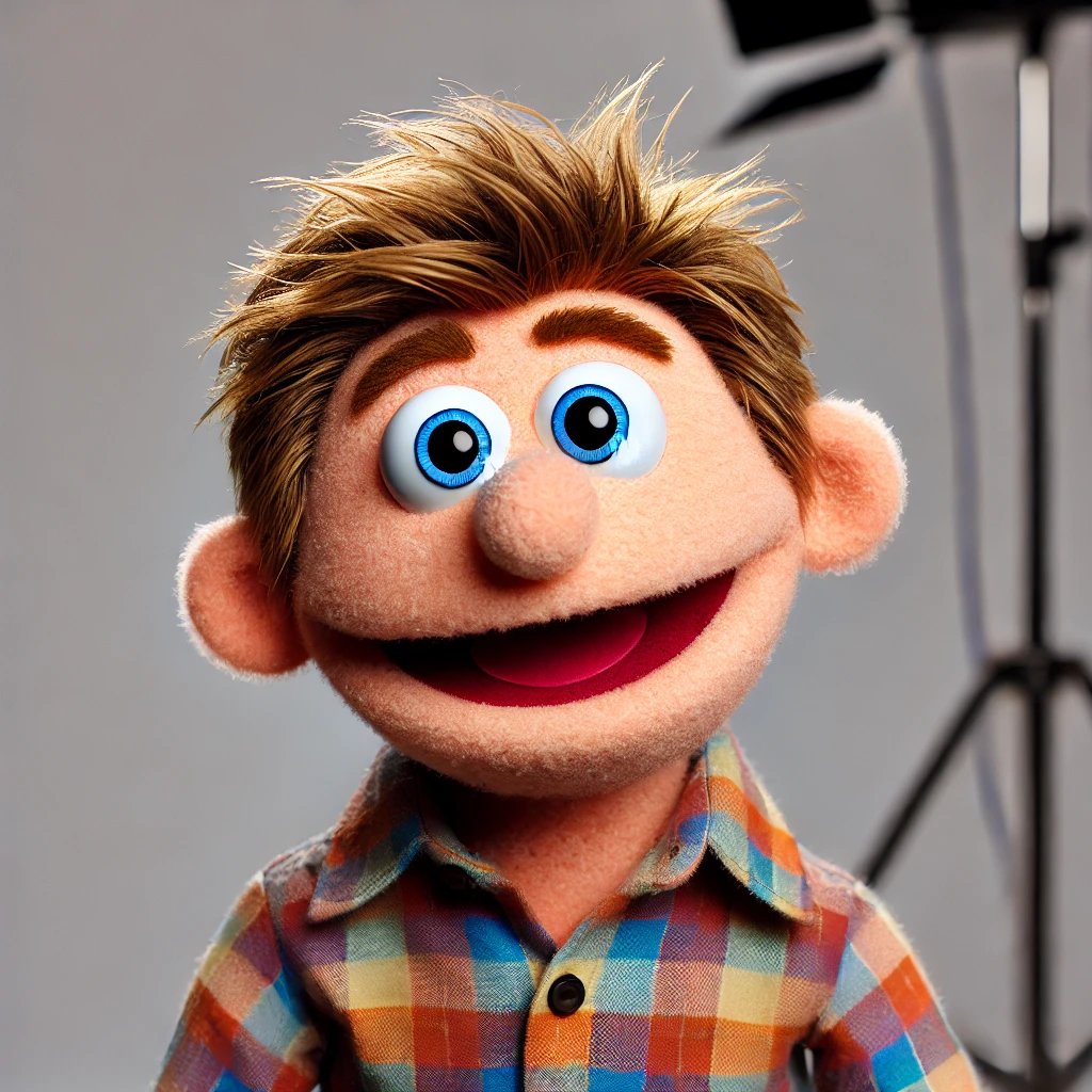 A cheerful puppet with blue eyes and brown hair, wearing a colorful plaid shirt, standing in front of a photography studio backdrop.