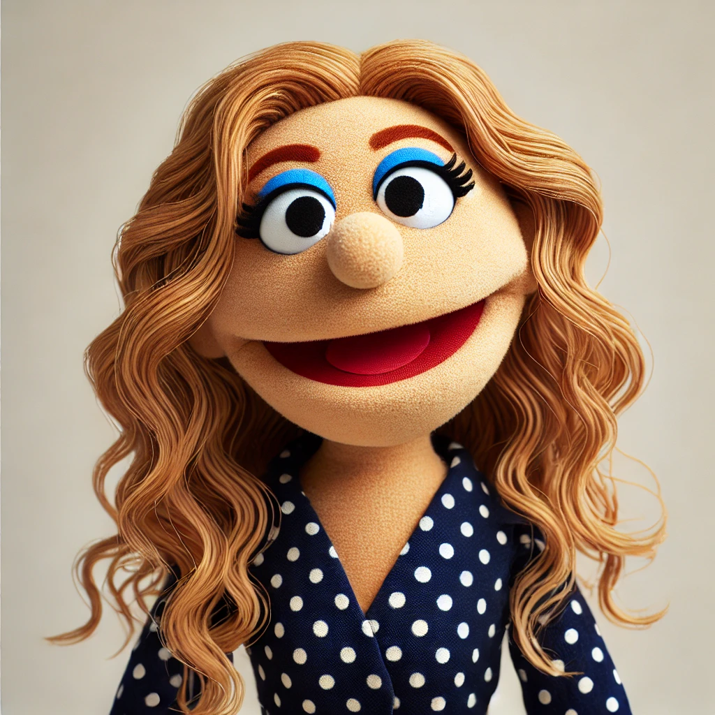 A puppet with long wavy hair and wearing a polka dot outfit is smiling. The puppet has bright blue eye makeup and a friendly expression.