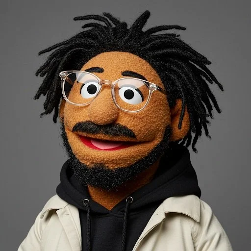Muppet character with dreadlocks, beard, and glasses wearing a hoodie and jacket.