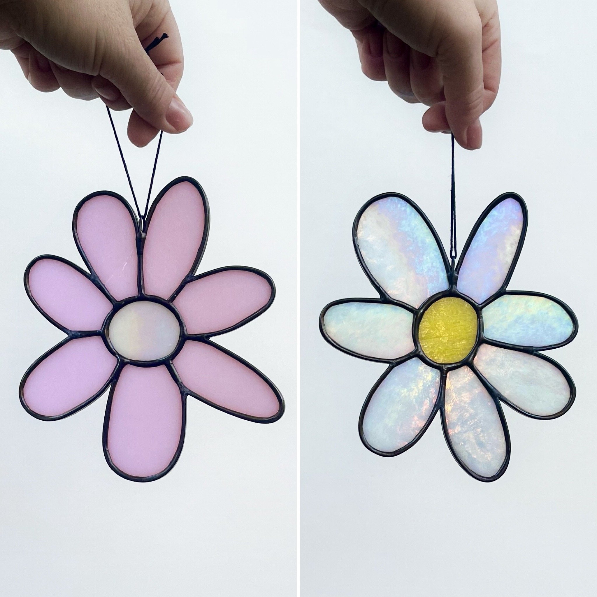 Daylight Glassworks Stained Glass Made in Atlanta Winky Pink Iridescent White Wonky Flower Suncatcher