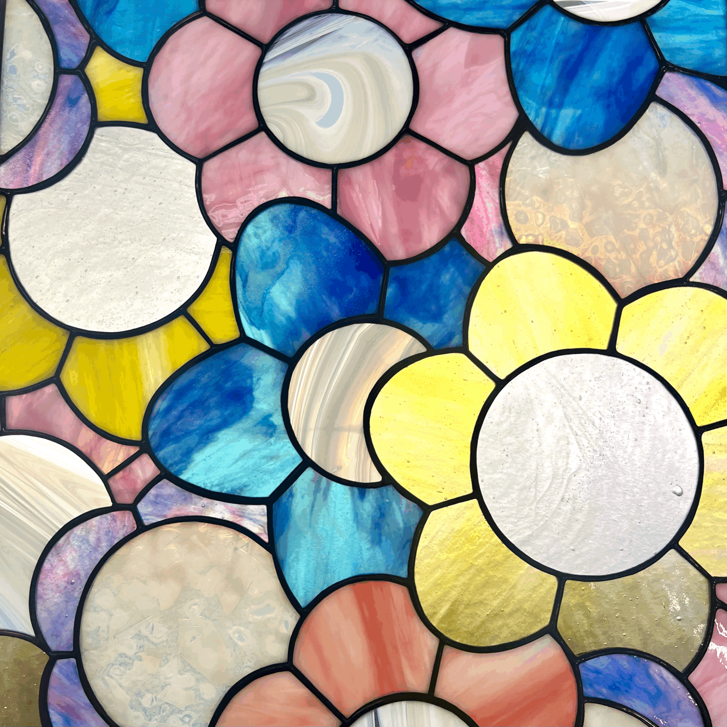 Daylight Glassworks flower power colorful stained glass panel by Day Kennedy made in Atlanta details