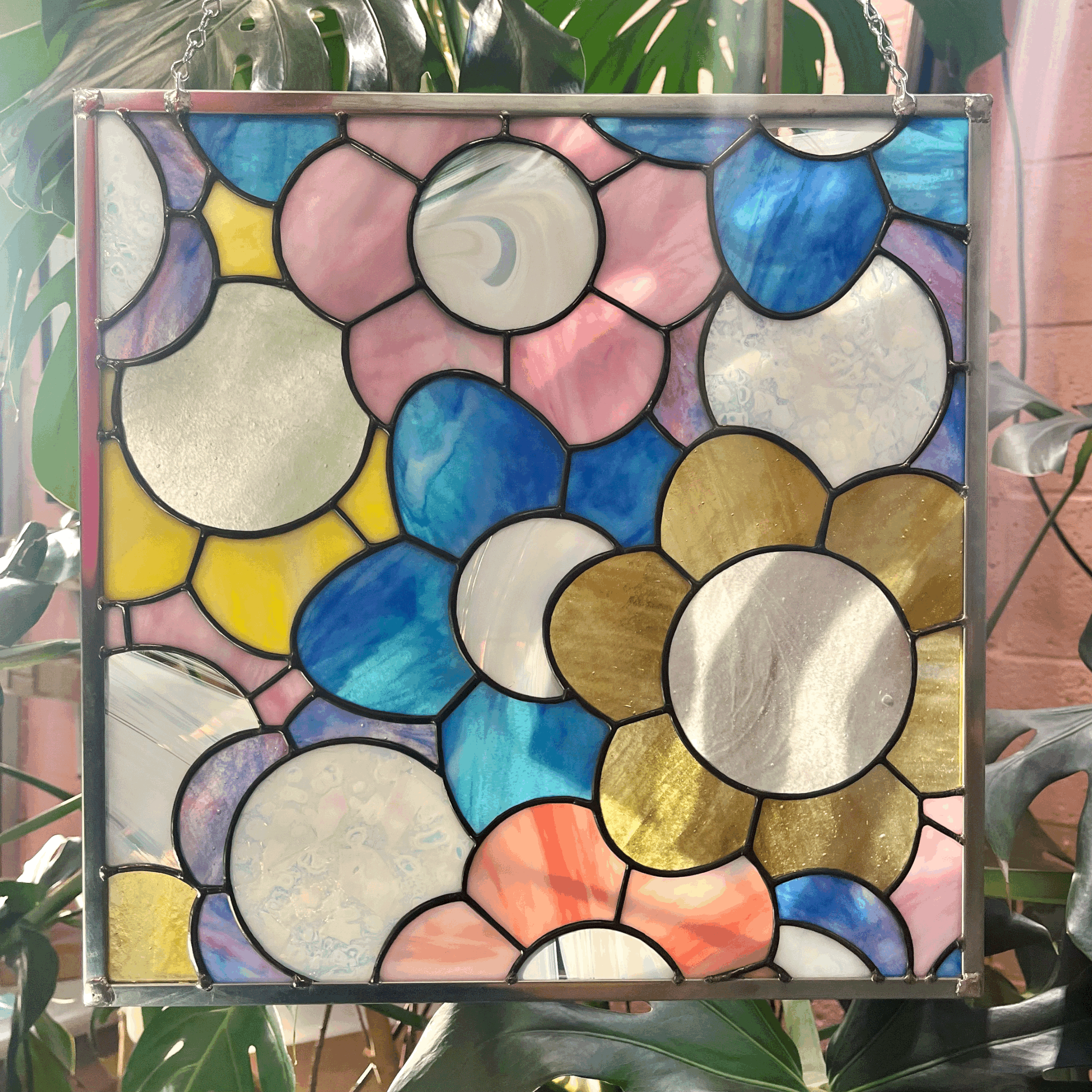 Daylight Glassworks flower power colorful stained glass panel by Day Kennedy made in Atlanta monstera photo