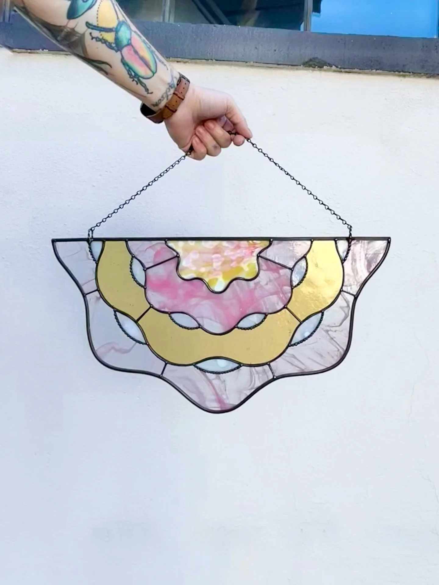 Sometimes stained glass is just gonna break your heart. I was so excited about this design. I used some pink streaky glass I’ve been saving for a while and had so much fun with the decorative solder blobs, and just as I’m finishing the ve