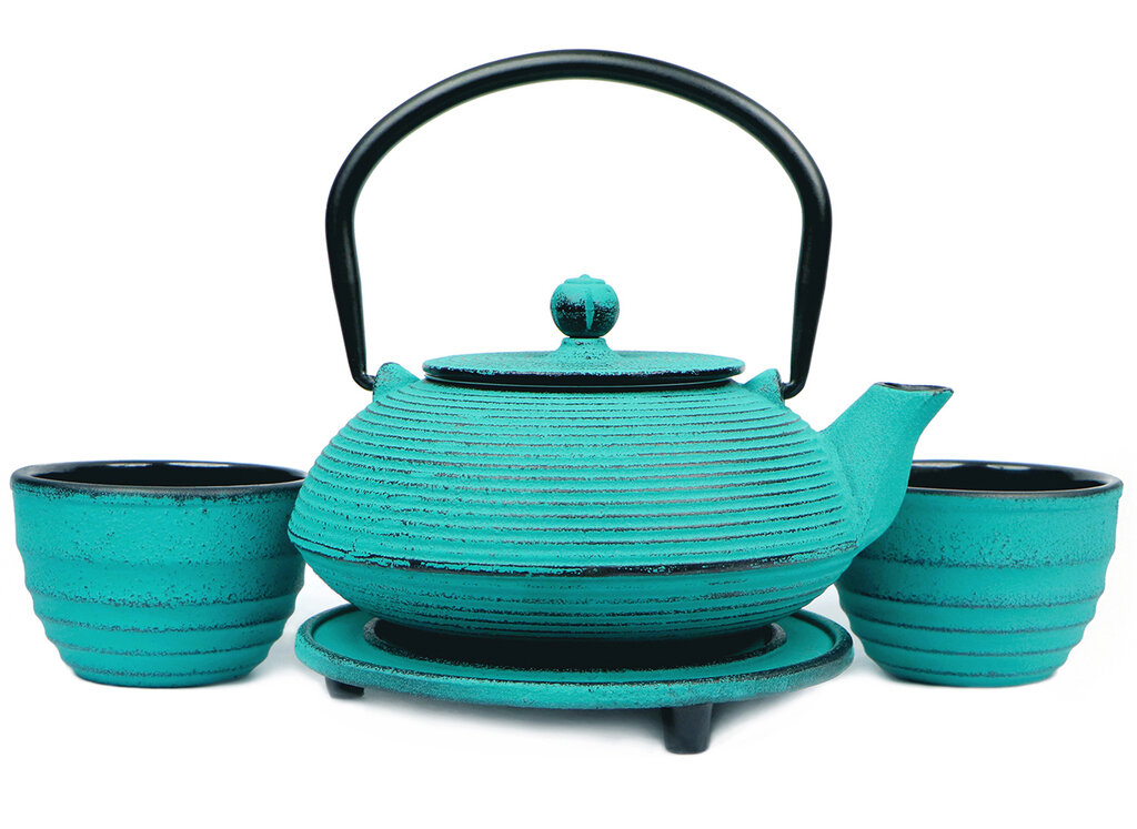 Cast Iron Teapot Set, Turquoise Rings