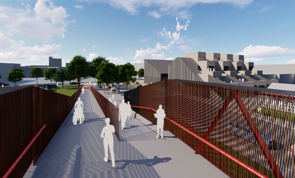 A pedestrian bridge links neighborhoods via foot or bike over a major thoroughfare while providing visual interest.
