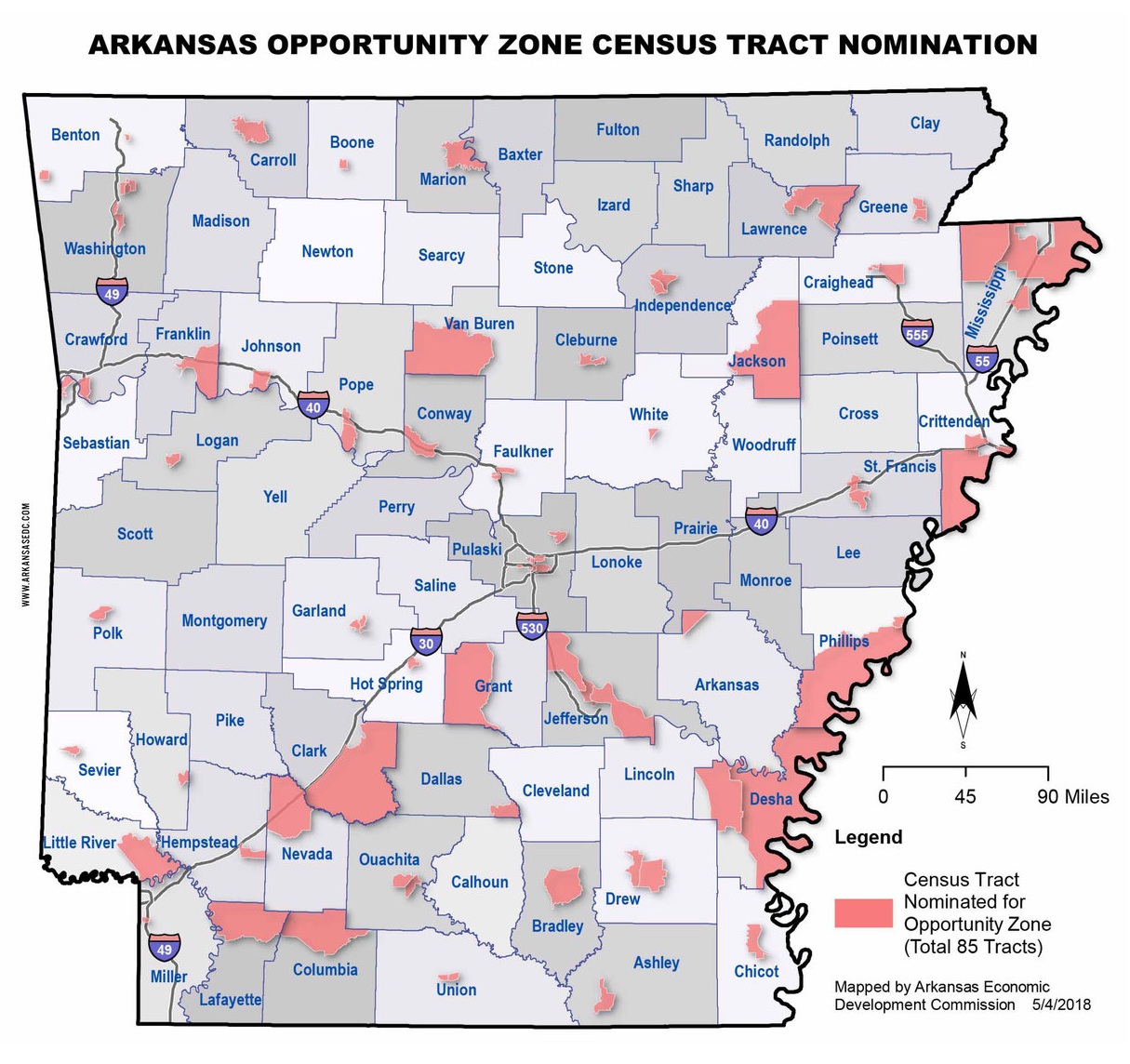 Governor Asa Hutchison designated 85 Opportunity Zones in 2018. More information is available from the Business Finance and Incentives Division at the Arkansas Economic Development Commission.