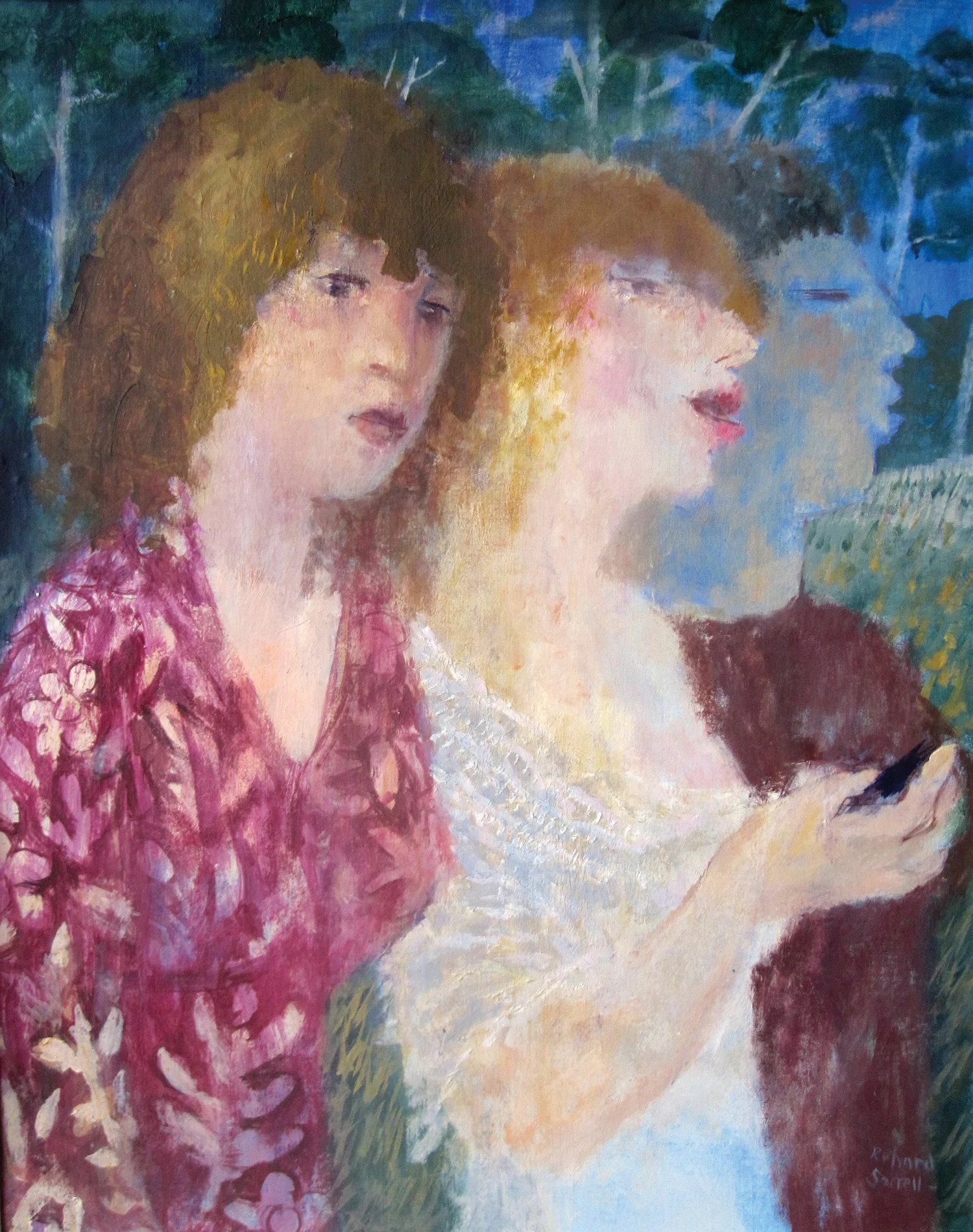 Three Girls Texting , oil, 61x46cm