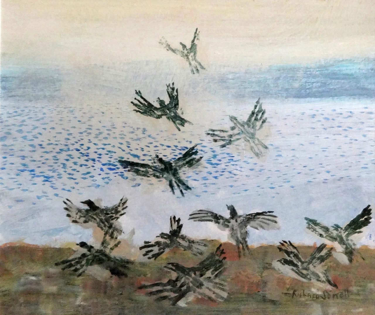 Birds Rising over a Lake , acrylic, 22x25cm