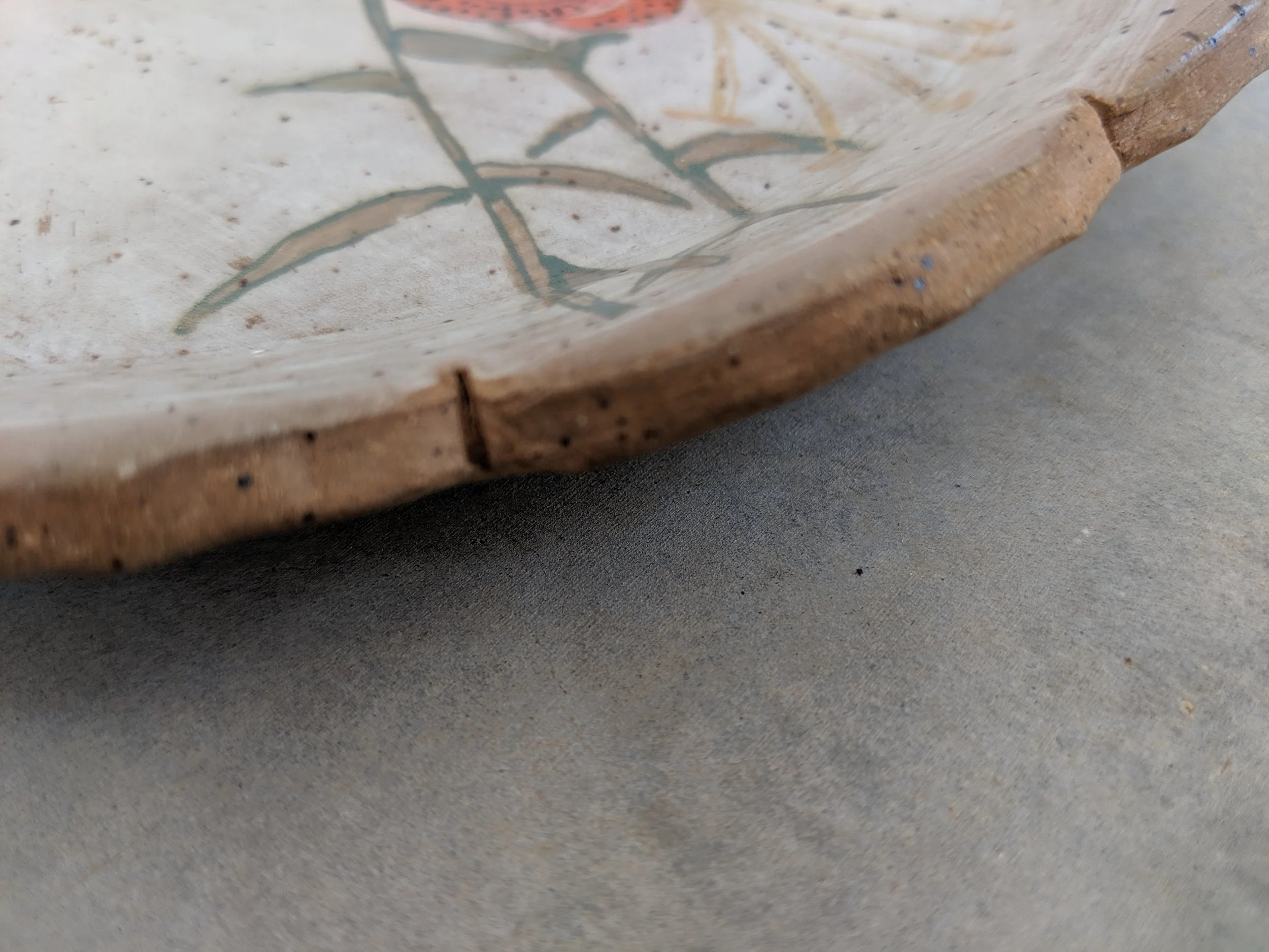 The plate’s edge that shows the speckled brownstone clay.