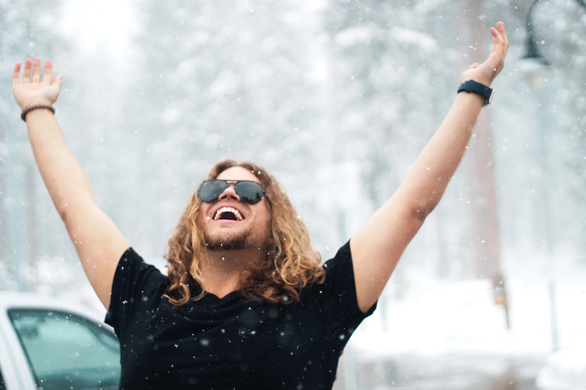 Think happy thoughts and you’ll have a happy life. In this pic, Jonah is celebrating the snow fall during a 16 hour drive from Reno, NV to Eugene, OR.