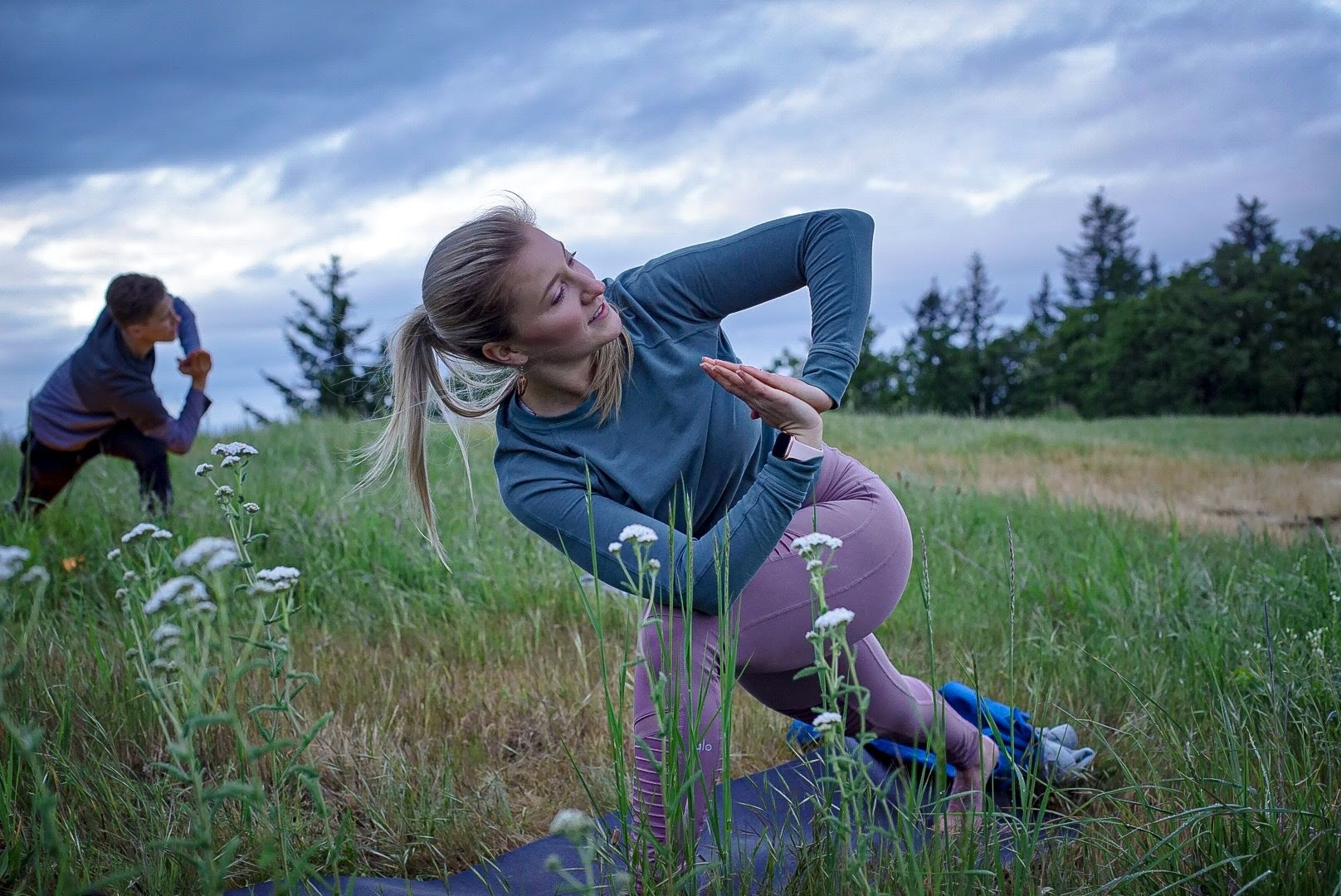 Brit guides the pack in our yoga practice at the top of Mt. Pisgah in Eugene, OR.