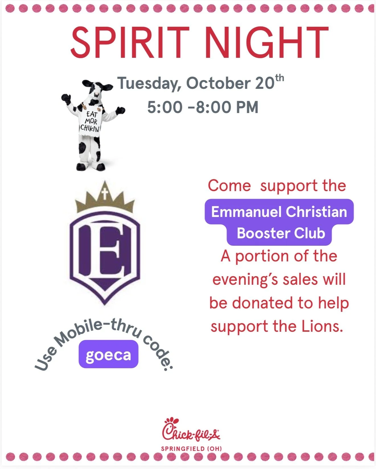 ECA Spirit Night at Chick-Fil-A