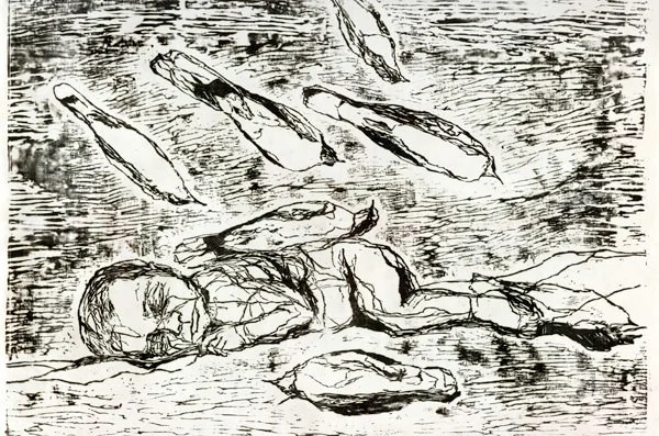 Woodcut and oil-based inks on parchment, 2015