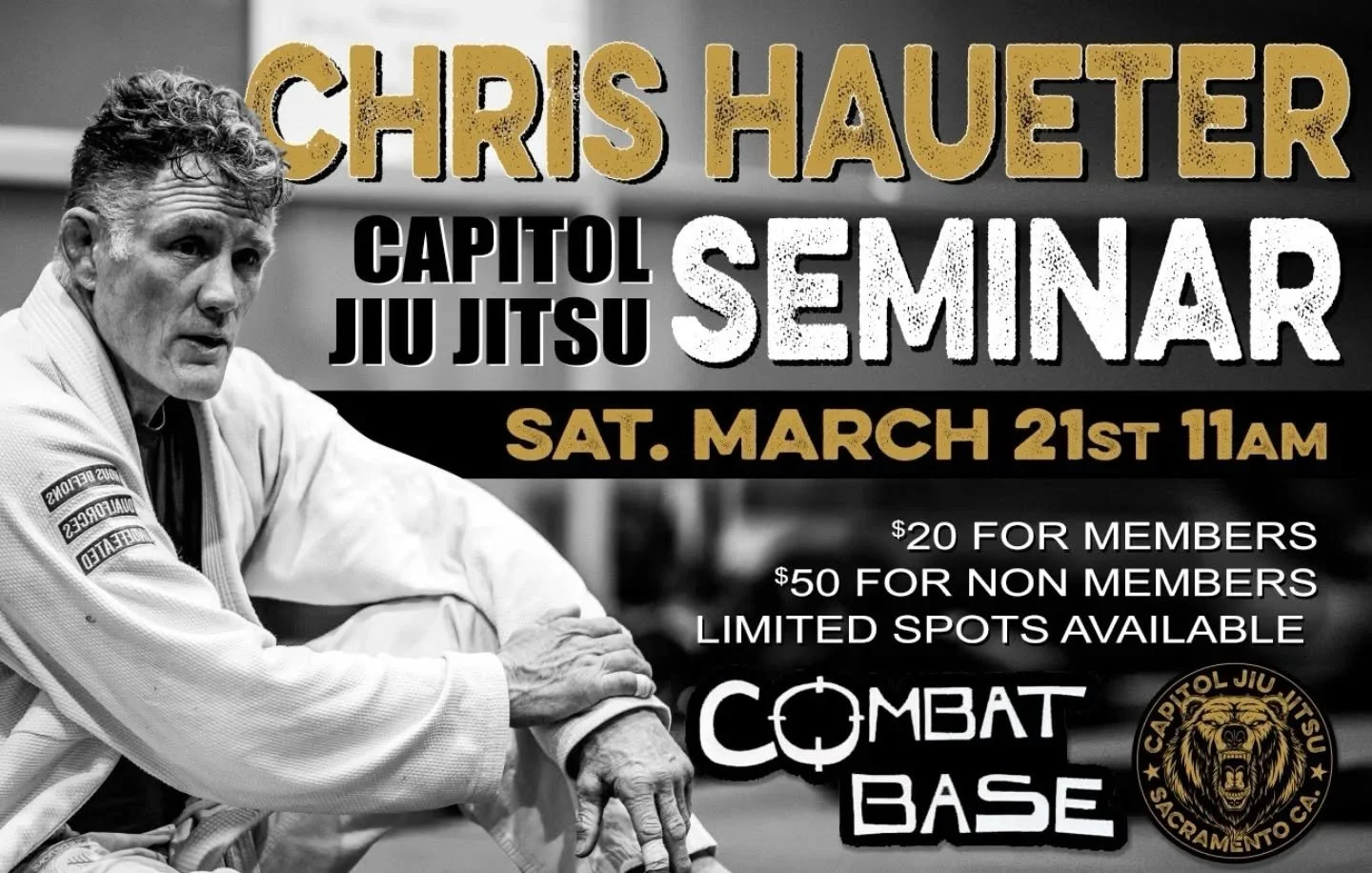 BOOKING FULL! 

We&rsquo;re thrilled to bring in Chris Haueter&mdash;one of the original BJJ Dirty Dozen black belts&mdash;for a special once-a-year seminar. Now that we&rsquo;re officially affiliated with Combat Base Club, we&rsquo;re proud to offer