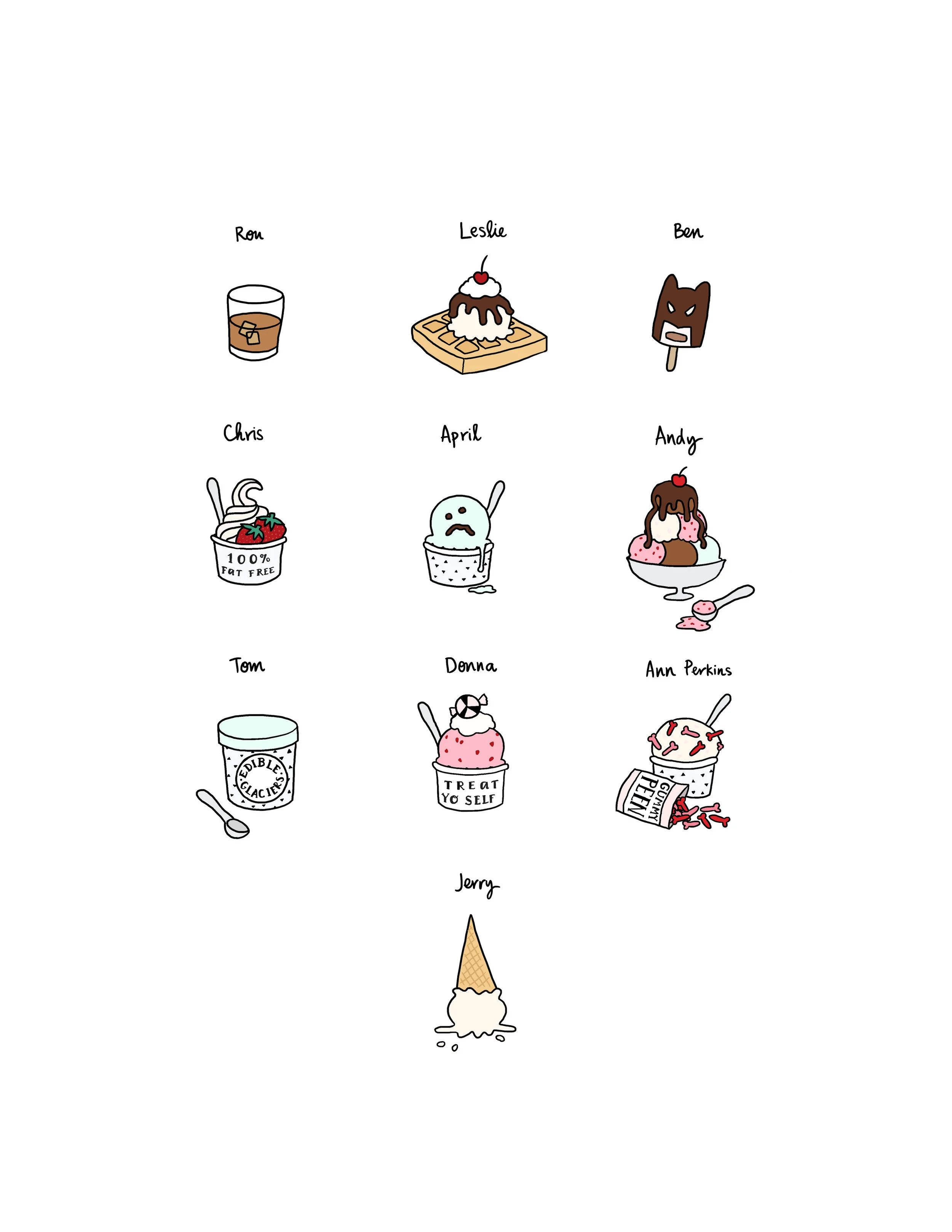 This Parks and Recreation Ice Cream illustration was the first pop culture drawing I made that got me  some traction on tumblr .  I probably owe the majority of my career to this ridiculous drawing.