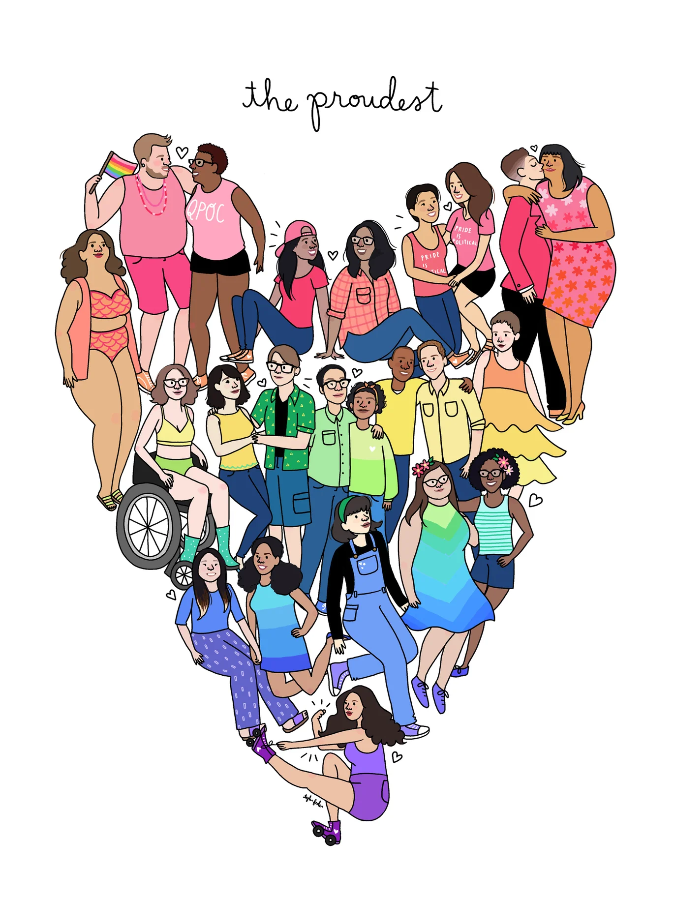  I made this in honor of Pride Month 2017. I asked my LGBTQ+ instagram followers to send me photos of themselves and/or them with their partners, and I drew as many as I could fit into this print. All those QT couples are real!! 