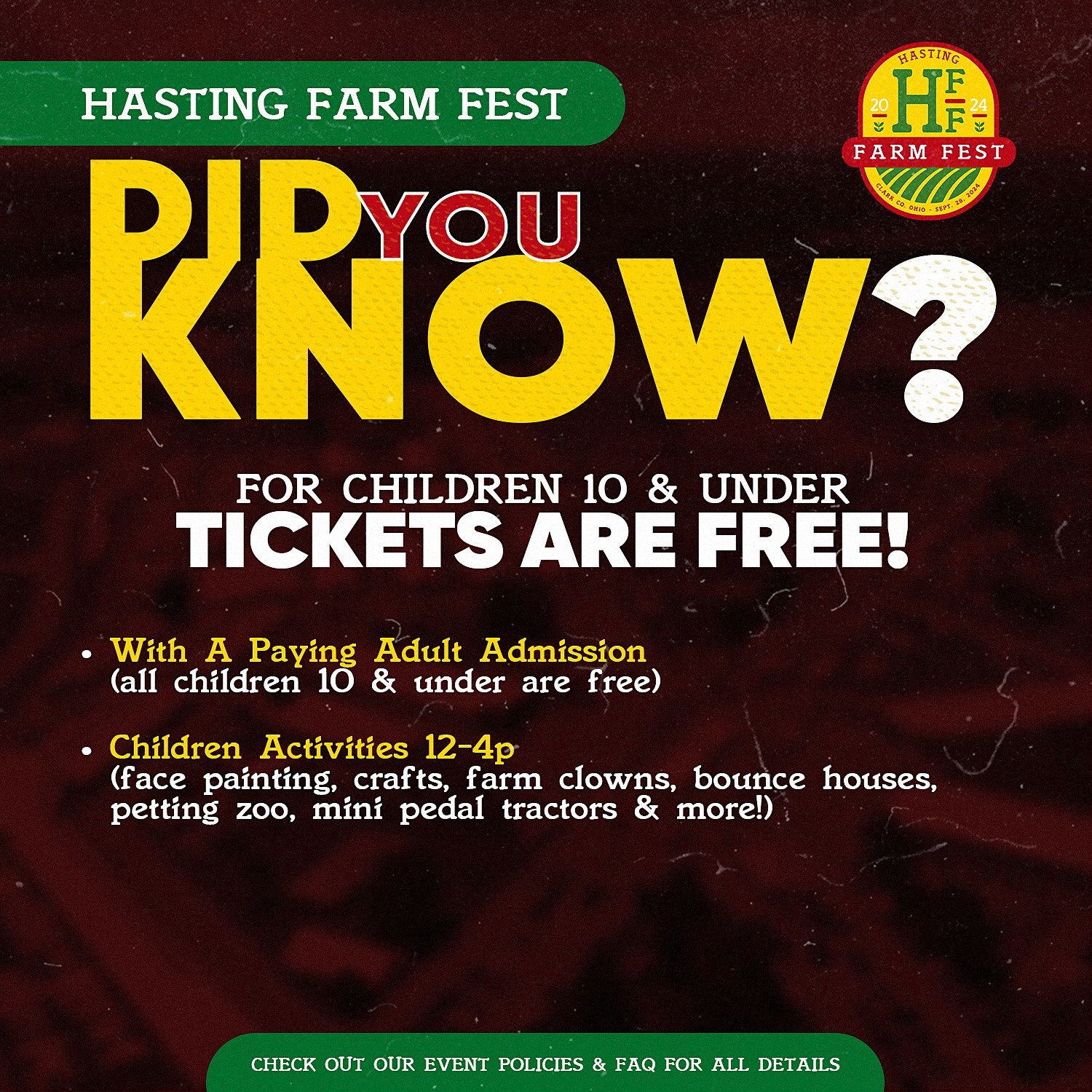 Tickets are FREE for all children 10 &amp; under at Hasting Farm Fest. We're so close we can't wait!

Tix available now through our Linktree!