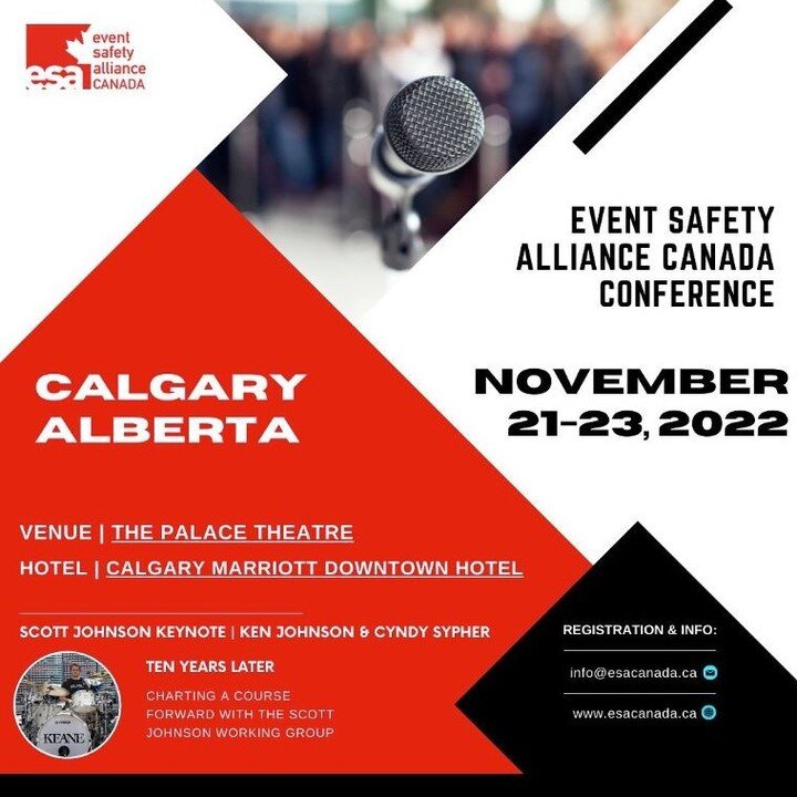 #JUSTANNOUNCED ESA Canada invites you to attend the Event Safety Alliance Canada Conference in beautiful Calgary, Alberta this November 21-23, 2022 📣

This conference is designed to provide practical insights for production suppliers, event producti