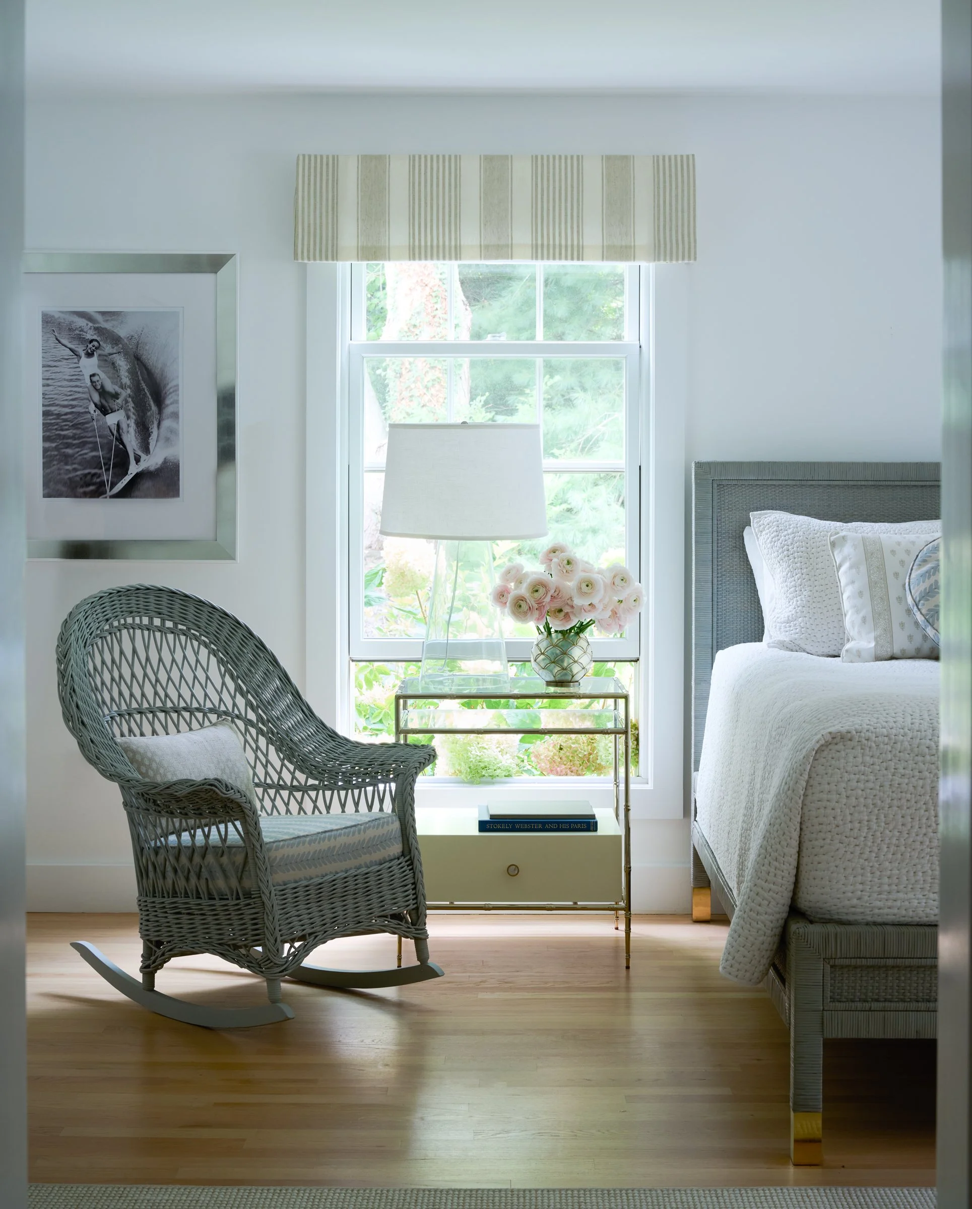 Old Black Point, CT bedroom with rocking chair designed by C. Kramer Interiors