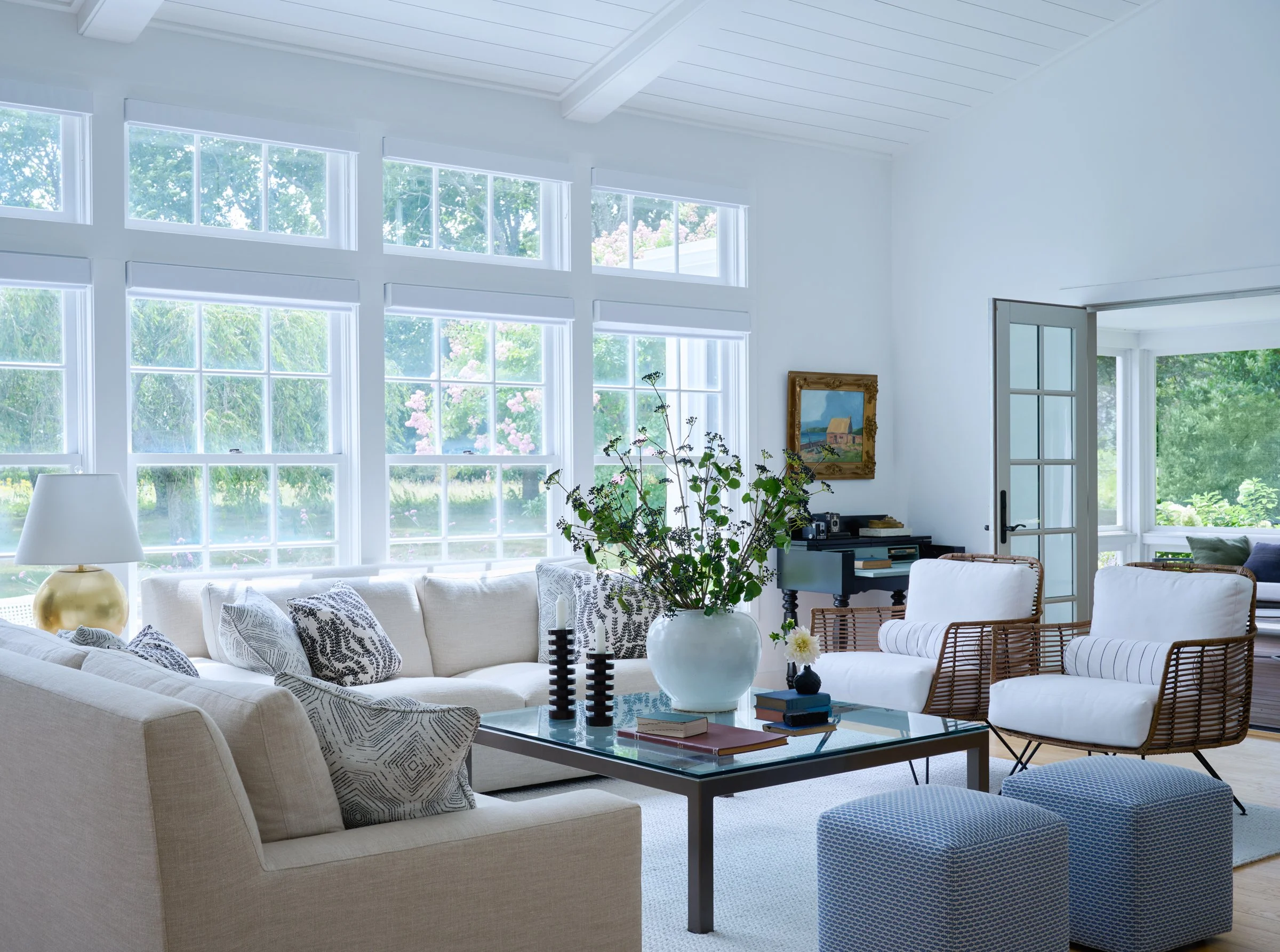 Old Black Point, CT living room with shiplap designed by C. Kramer Interiors