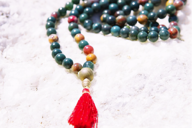 Bloodstone Mala Beads 108 Bloodstone Mala Beads on 36 inch Silk Cord with Gold Agate withRed Tassel: $195