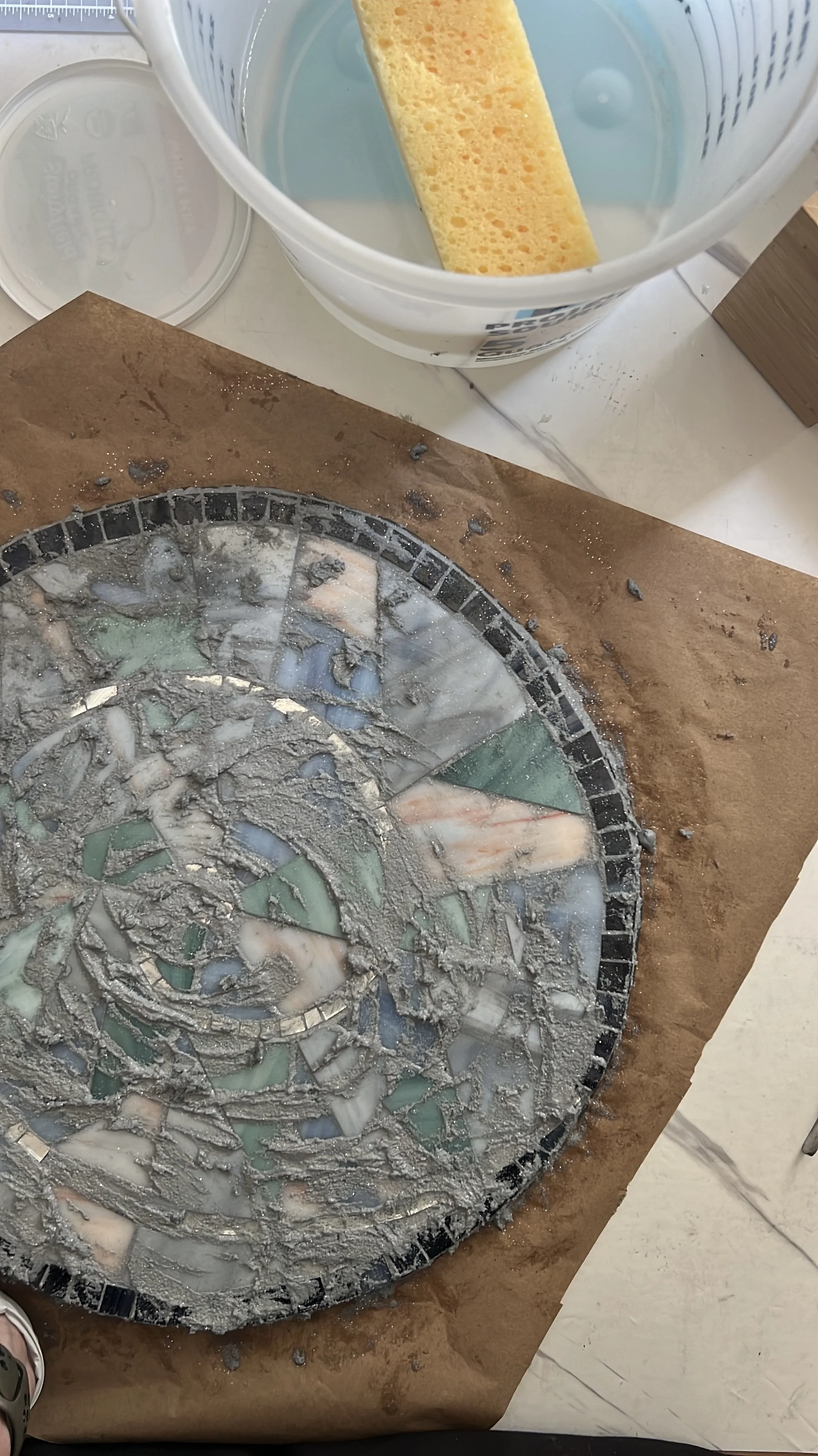 Grouting stained glass mosaic tabletop
