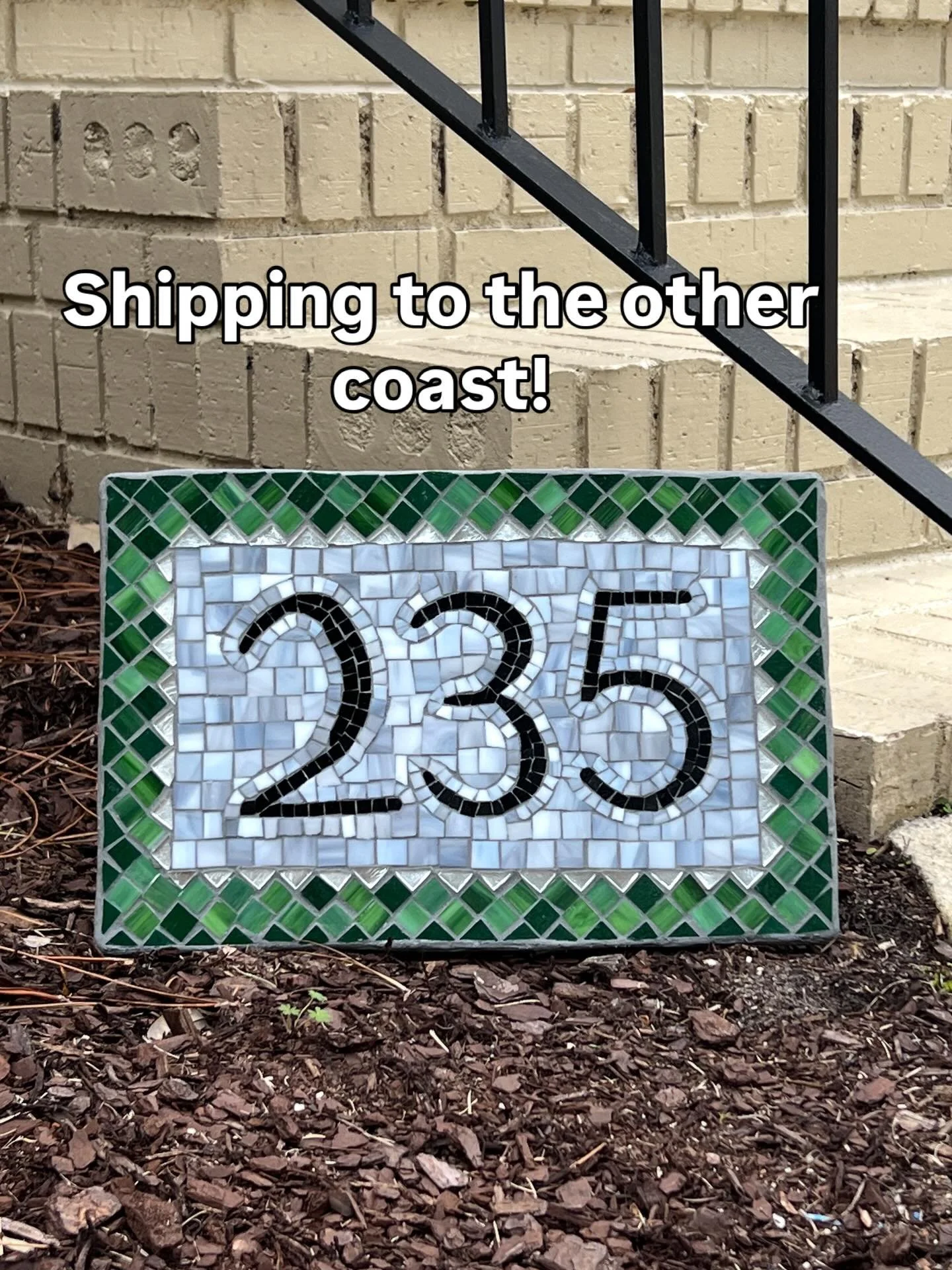 House numbers updated! Stained glass mosaic on hardi board with attached easel. Custom made and shipped. #mosaic #glassmosaic #gardenart #mosaic #housenumbers