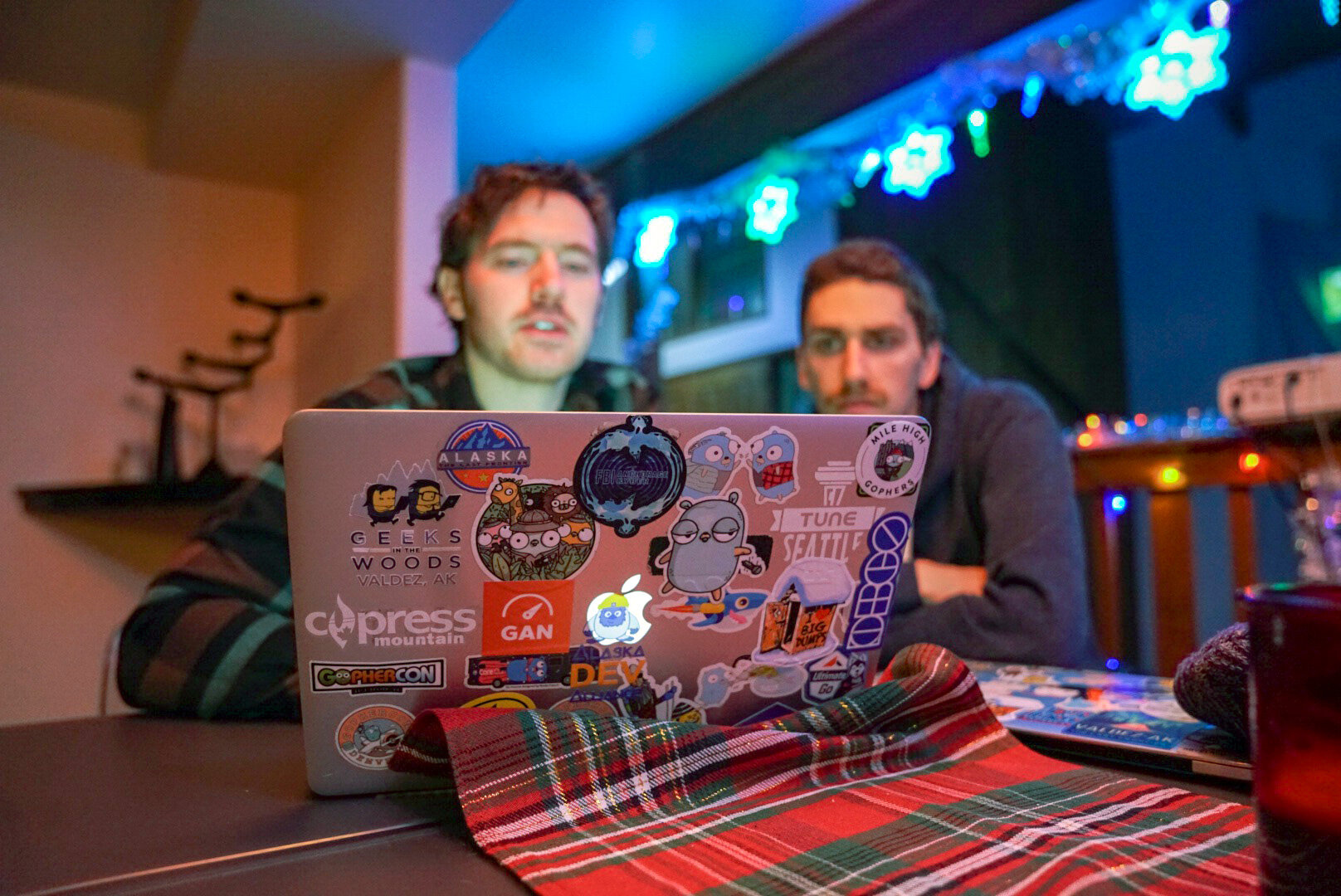 Lucas Brown and Jeff Levin coding Golang software at Geeks in the Woods’ Valdez location (photo courtesy of Geeks in the Woods).