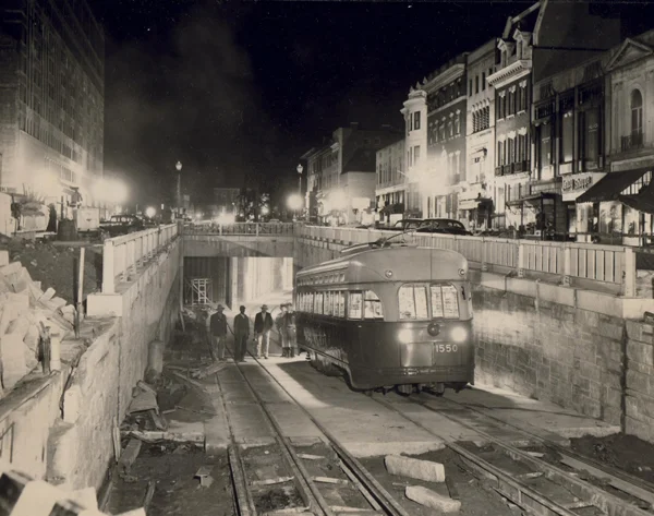 The inaugural streetcar emerges from the northern ramp of the Dupont Circle station on November 2, 1949. Washington Star via MLK Library/Public Domain