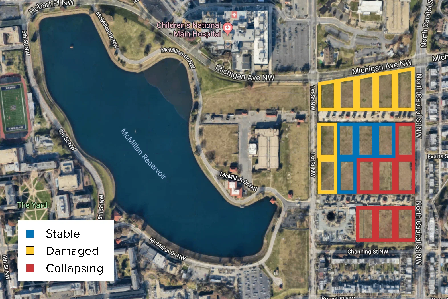 Sand vaults in the southeastern corner were built on landfill that has settled unevenly and severely damaged their concrete top decks. Structural information was compiled in 2000 and has likely worsened over the past 18 years. Image: Google Earth /Fair Use